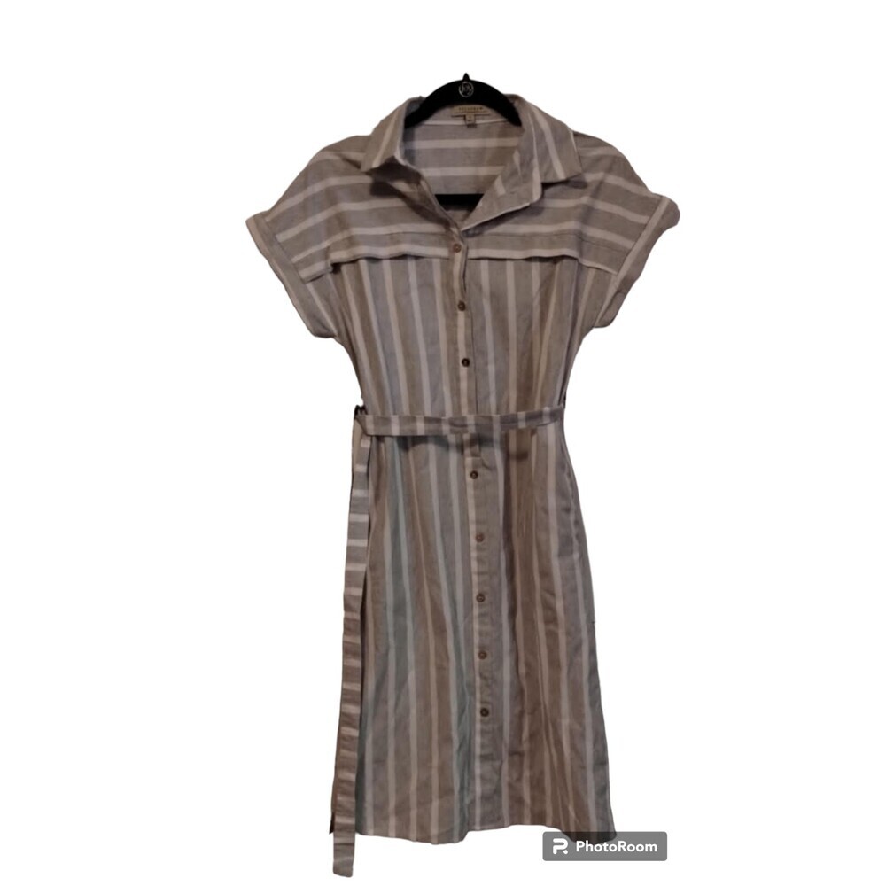 Polagram Grey and white linen feel (cotton) collared‎ mini boho dress